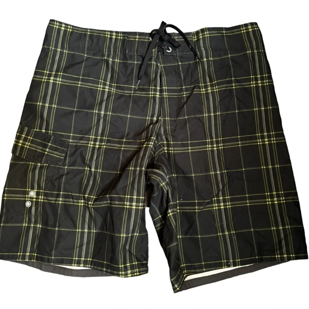 MOSSIMO SUPPLY CO plaid men’s bathing suit board shorts swimsuit size 38 green